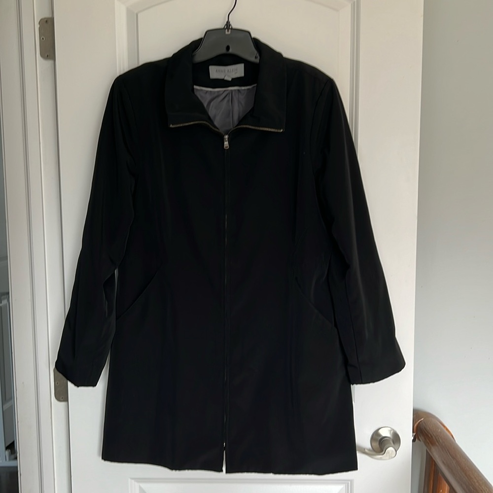 ANNE KLEIN brand black women’s jacket coat, mid length, interior pocket, size L